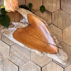 Handmade Heart-Shaped Cedar Driftwood Bowl with Natural Bark Edge
